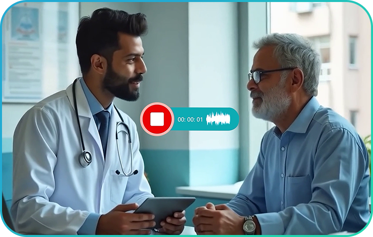 A doctor in consultation with a patient while CareScribe records the conversation